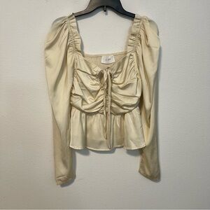 Six/Fifty The Ruby Blouse Ivory Puff Sleeve Ruched Peplum Top Women’s Med